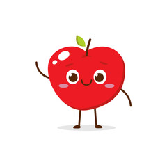 Cute red apple cartoon character with smiling face, showing a Friendly pose. Perfect for kids illustrations, healthy food designs, or educational materials. Isolated on white background with soft shad