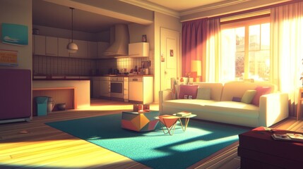 A bright and cozy living space with an open kitchen design