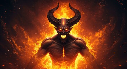Fototapeta premium Infernal Being in Flames - A powerful demon engulfed in fiery flames, a dramatic depiction of hellish power
