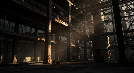 Industrial Urban Decay: Sunlit Ruins - A sunlit industrial scene, showcasing aged structures, scattered dust motes, and a sense of decay, symbolizing time, industry, abandonment, resilience
