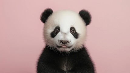 Fototapeta premium Cute panda cub posing against a pink background with an adorable expression