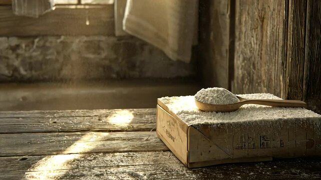 Sunlit wooden spoon holding grain on rustic box