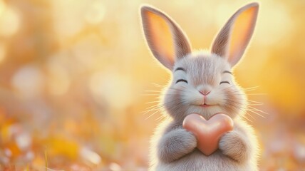 Obraz premium Cute bunny holding heart shape on a warm afternoon in the park