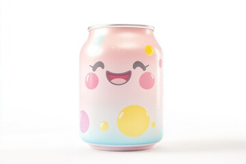 A pink can with a happy face and pastel bubbles, cold and refreshing.