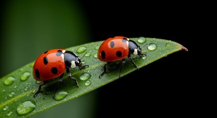 Ladybugs on Dew-Kissed Leaf - Two ladybugs rest on a vibrant green leaf, glistening with morning dew. A captivating close-up shot of nature's beauty