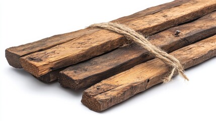 Rustic Wooden Planks Bundle Tied with Natural Twine on White Background