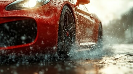 Red sports car splashing through puddles on a wet road
