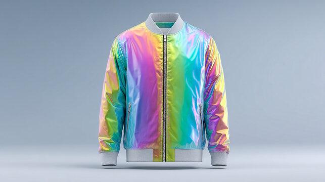 vibrant holographic bomber jacket with shiny, reflective surface, showcasing blend of colors including pink, green, and blue, perfect for stylish and modern look