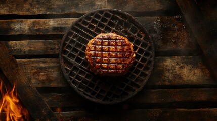 Juicy grilled burger patty on a grate with wood and fire background. Perfect for restaurants, food blogs, or grilling related promotions.