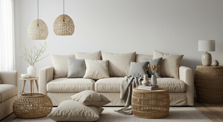 Modern Beige Living Room Interior Design - Stylish beige living room with woven furniture, neutral tones, and natural light. Creates a calm and serene atmosphere