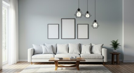 Modern Living Room Interior Design with White Sofa - Stylish living room, serene atmosphere, minimalist decor, comfortable seating, empty picture frames. Symbolizing calmness, simplicity