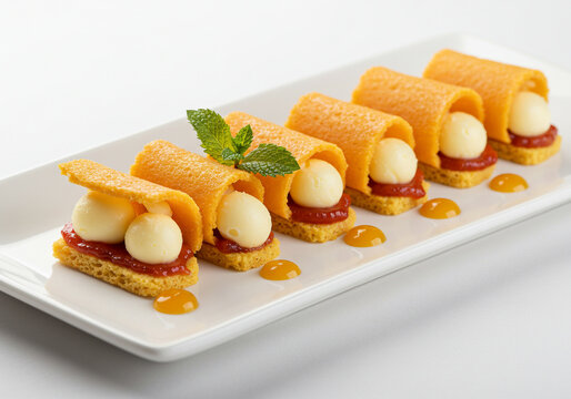 Finger food de Romeu e Julieta: mini por&ccedil;&otilde;es gourmet de queijo com goiabada, apresentadas em prato branco com decora&ccedil;&atilde;o elegante. Sobremesa brasileira em vers&atilde;o contempor&acirc;nea.