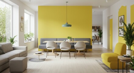 Fototapeta premium Modern Yellow Wall Dining Room Design - Stylish and modern dining area with yellow accent wall, light wood flooring, comfortable seating, and natural light. Symbolizing: Modernity, vibrancy, comfort