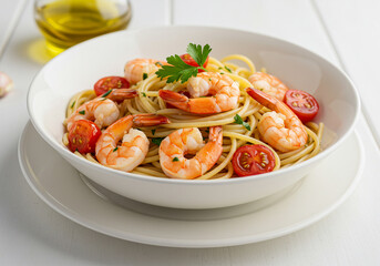Spaghetti with shrimp, cherry tomatoes, and fresh parsley. Mediterranean-style seafood pasta dish served in a white bowl with olive oil. Gourmet food top view on light background.