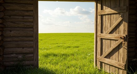 Fototapeta premium Open Door to Green Field - A rustic wooden door opens to reveal a vibrant green field under a bright sky