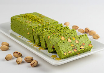 Slices of pistachio halva on white plate with scattered pistachios and honey drizzle.