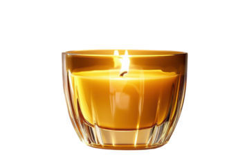 A glowing amber candle burning brightly in a glass holder against a black background offering warmth