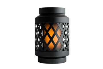 Elegant black lantern glowing warm orange light intricate design dark background