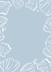 Hand-drawn marine frame with shells and starfish. White vector doodle on light blue background