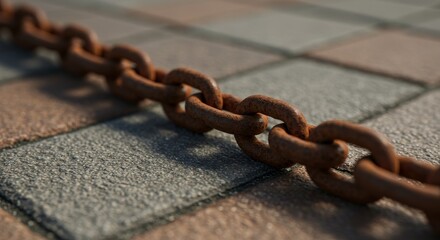 Rusty Chain on Pavement - Close-up of a rusty metal chain lying on a paved surface. Texture and detail are emphasized