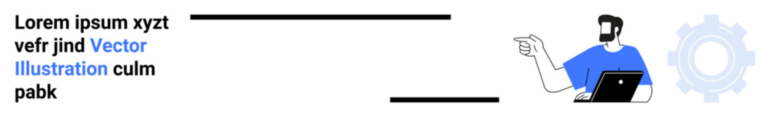 Person holding laptop, pointing to text, with gear icon suggesting technology, teamwork, and development. Ideal for innovation, workflow, management, presentation digital strategy productivity