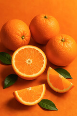 Fresh oranges with leaves on orange background - whole and sliced citrus fruits