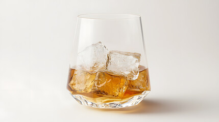 glass tumbler filled with cold brew coffee and large ice cubes on white background