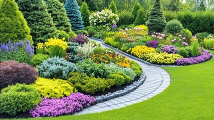Lush garden pathway winding through vibrant flowerbeds
