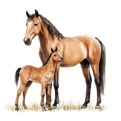 Brown Mare and Foal Watercolor Painting on White Background