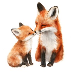 Fototapeta premium Tender Watercolor Painting of Red Fox and Kit Nuzzling