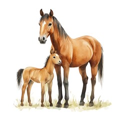 Watercolor Painting of a Brown Mare and Her Foal