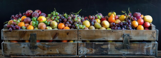 A wooden crate filled with a vibrant assortment of fresh fruits.