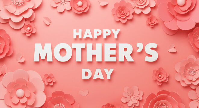 A 3D-style Mother's Day card with delicate pink paper flowers and bold white text on a pastel background.