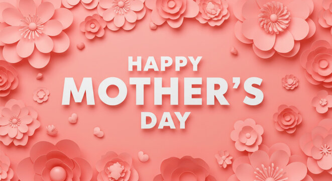A 3D-style Mother's Day card with delicate pink paper flowers and bold white text on a pastel background.