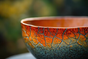 A close-up reveals an intricately crackled ceramic bowl, showcasing vibrant orange and teal hues.