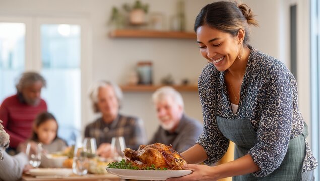 Smiling woman serves roasted turkey at family gathering, creating a warm, joyful atmosphere.