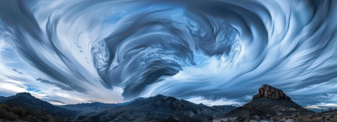 A dramatic sky with swirling clouds over rugged mountains and rocky formations.