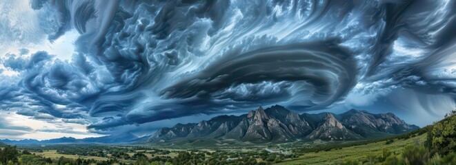 Dramatic cloud formation over mountains and a valley, showcasing nature's beauty.