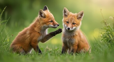 Two Red Fox Kits Playing - Adorable red fox kits playfully interact in a lush green meadow. A heartwarming wildlife scene