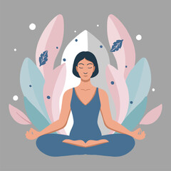 illustration of a woman meditating in a simple flat style with a gray background