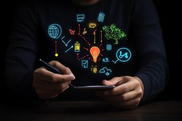 A young man engages in digital brainstorming with a smartphone, surrounded by vibrant graphic icons.
