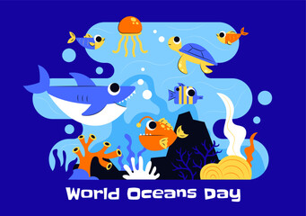 World Oceans Day Vector Illustration to Help Protect and Conserve the Ocean, Marine Life, Ecosystems, and Sea Plants in a Flat Cartoon Background