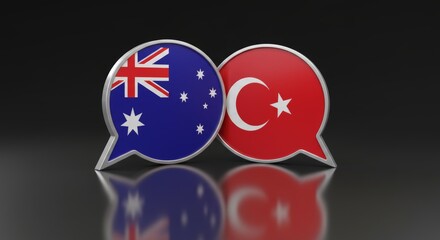 Dialogue between Australia and Turkey symbolized by glossy flag speech bubbles