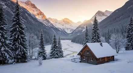 Fototapeta premium Winter Cabin in Snowy Mountains - A cozy wooden cabin nestled in a snow-covered valley surrounded by majestic mountains at sunset. Serene winter landscape
