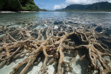 Dead coral reef underwater, with clear water and island background. Illustrates coral bleaching, ocean health, and environmental conservation.