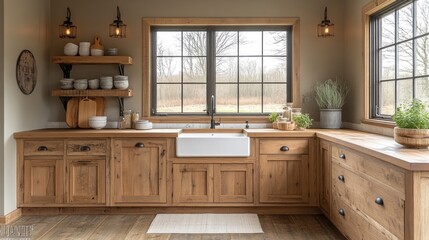 Rustic Farmhouse Kitchen Design: Warm Wood Cabinets and Farmhouse Sink