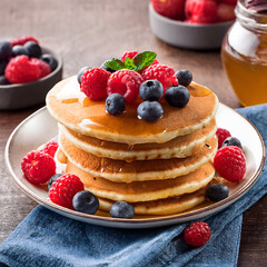 Stack of Pancakes with Berries: A tempting stack of fluffy pancakes adorned with vibrant red raspberries, juicy blueberries, and a drizzle of golden syrup.