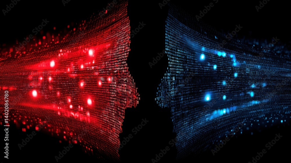 Poster a computer screen illuminated with red and blue light representing usa china data cloud and binary c