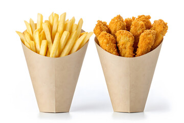 French Fries and Chicken Nuggets in Paper Cones on White Background