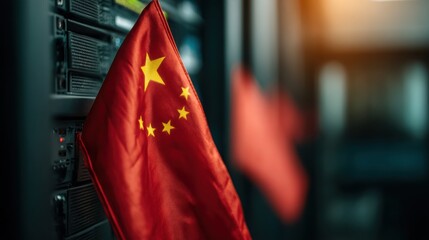 Chinese flag hanging on a server in a high-tech environment representing data and digital influence
